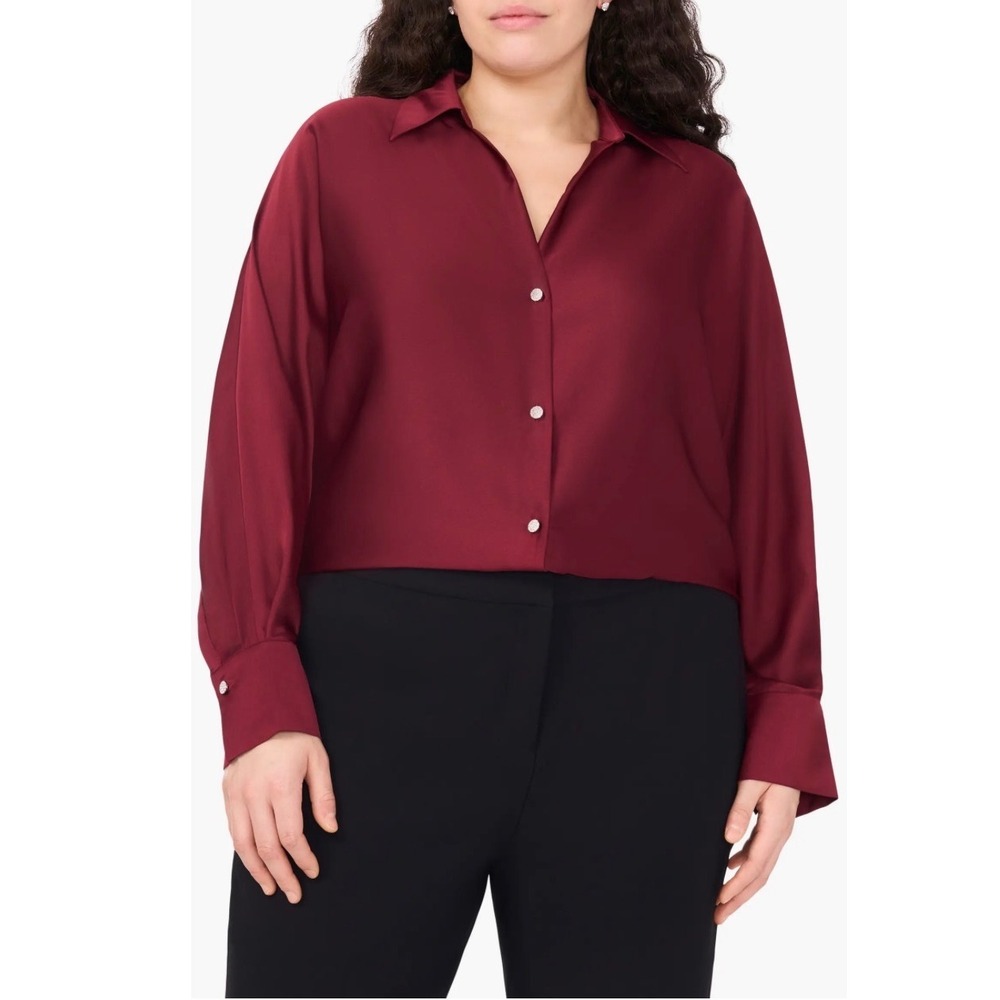 Halogen Burgundy Satin Blouse Womens Size 1 Small Red Long Sleeve TopButton Down